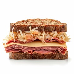 A classic Reuben sandwich with corned beef, sauerkraut, Swiss cheese