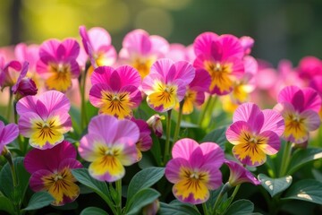 A bed of pink pansies fills a colorful garden, floral, spring