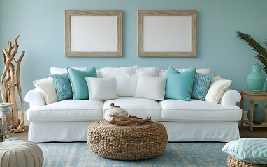 Coastal living room interior design; white sofa, teal pillows, wicker ottoman