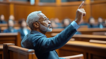 Senior man in suit raises hand during meeting or conference.