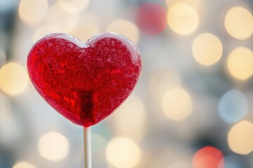 Fototapeta premium Romantic valentine heart-shaped lollipop closeup sweet treat photography urban background abstract bokeh celebrating love and affection