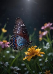 A butterfly alights on a wet petal of a wildflower in the dark meadow at night, peaceful, calm