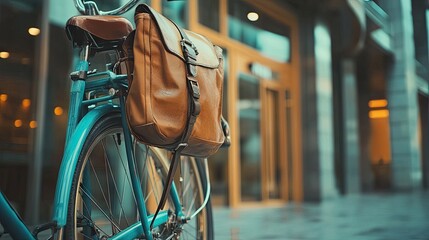 A commuter bike with a messenger bag hanging from the frame in front of an office building.