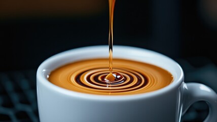 Dark coffee being poured into white cup, creating circular ripples on surface