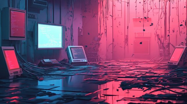 A futuristic, dimly lit room filled with old computer monitors and tangled cables.