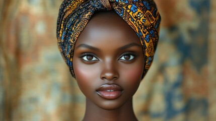 Portrait of a beautiful young Black woman with a patterned head wrap.