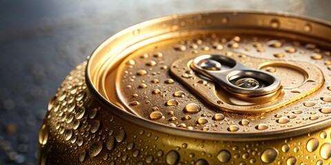 A close-up of a beer can with condensation on the outside surface, reflective finish, circular opening, beverage container, smooth surface, condensation