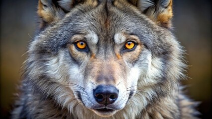 A close-up shot of a wolf's face with piercing yellow eyes staring directly at the camera, close up, nature, predator