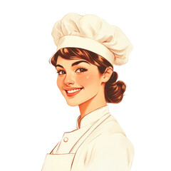 A retro-style illustration of a smiling female chef wearing a white toque and uniform.