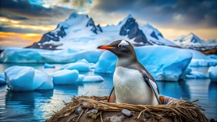 Obraz premium Gentoo penguin double exposure captures the essence of Antarctica's Yankee Harbor nesting sites.