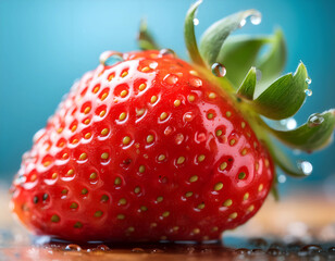 A close-up of a fresh, organic strawberry with dew drops on it
