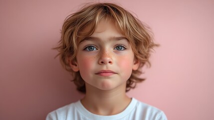 Naklejka premium Portrait of a Cute Freckled Boy with Blonde Hair Against a Pink Background