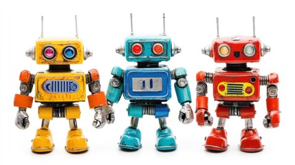 Fototapeta premium Vintage Robot Trio: A Colorful Display of Retro Mechanical Toys