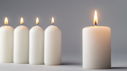 Image of lit white candle near five unlit ones on gray background