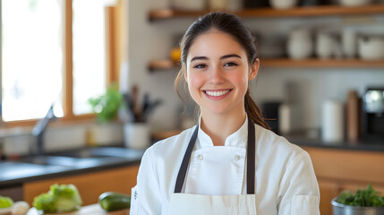 A cheerful young chef stands in a contemporary kitchen, showcasing culinary skills.