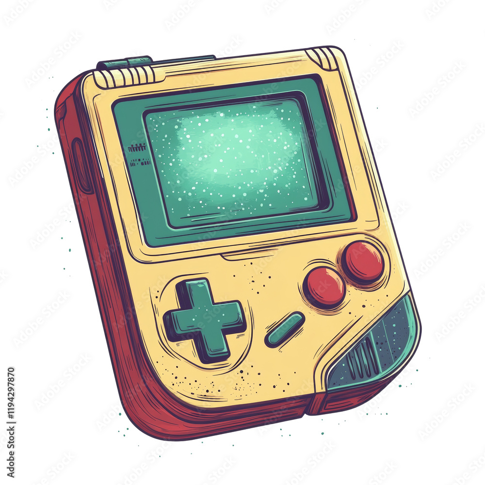 Poster a stylized illustration of a retro handheld game console with a pixelated screen and vibrant colors 