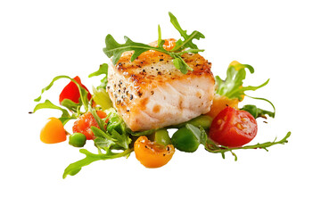 Grilled salmon, vegetable garnish, studio shot, food photography, menu use