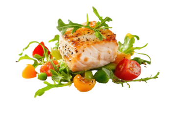 Grilled salmon, vegetable garnish, studio shot, food photography, menu use