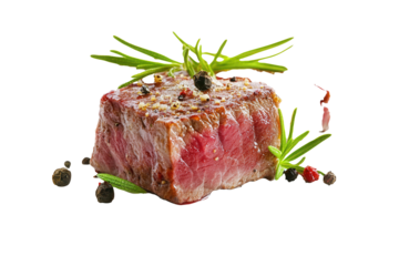 Grilled steak, rosemary, peppercorns, white background, food photography