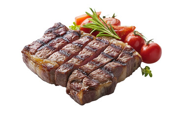 Grilled steak, tomatoes, rosemary, white background, food menu