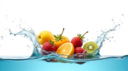 Assorted Fruits Plunge into Water, Creating a Dynamic Splash, Capturing Freshness, Water Droplets, Studio Shot, Bright Lighting, White Background, Eye Level Camera.