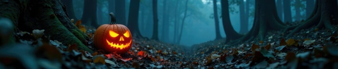 Fototapeta premium A jack-o-lantern casts an eerie light on the forest floor amidst fallen trees and misty fog, dark atmosphere, spooky lighting