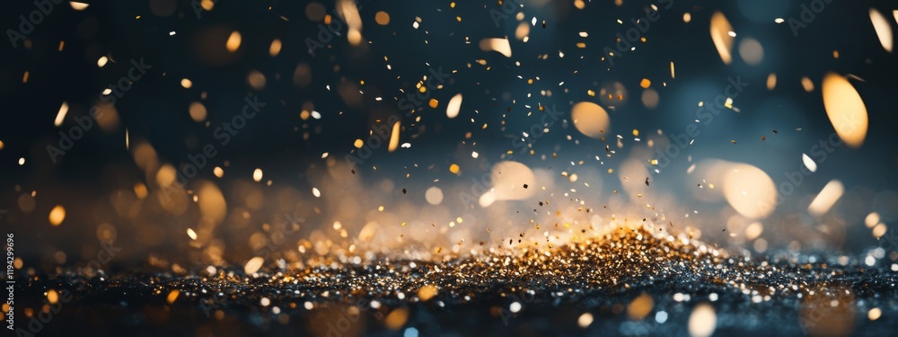 Poster sparkling golden particles create a mesmerizing background filled with shimmering lights at night