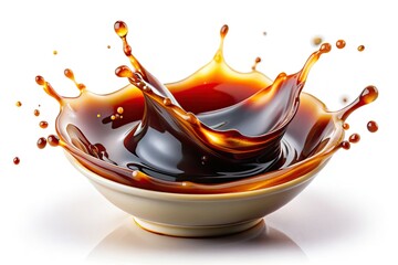 Isolated balsamic glaze and soy sauce splashes against a white backdrop.  A high-resolution food stock photo showcasing rich, dark sauces.