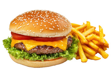 Juicy cheeseburger, fries, white backdrop, food ad