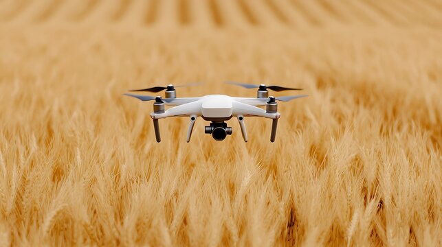 A drone hovers above golden wheat fields, capturing aerial views and monitoring crops in a serene agricultural landscape. - Powered by Adobe