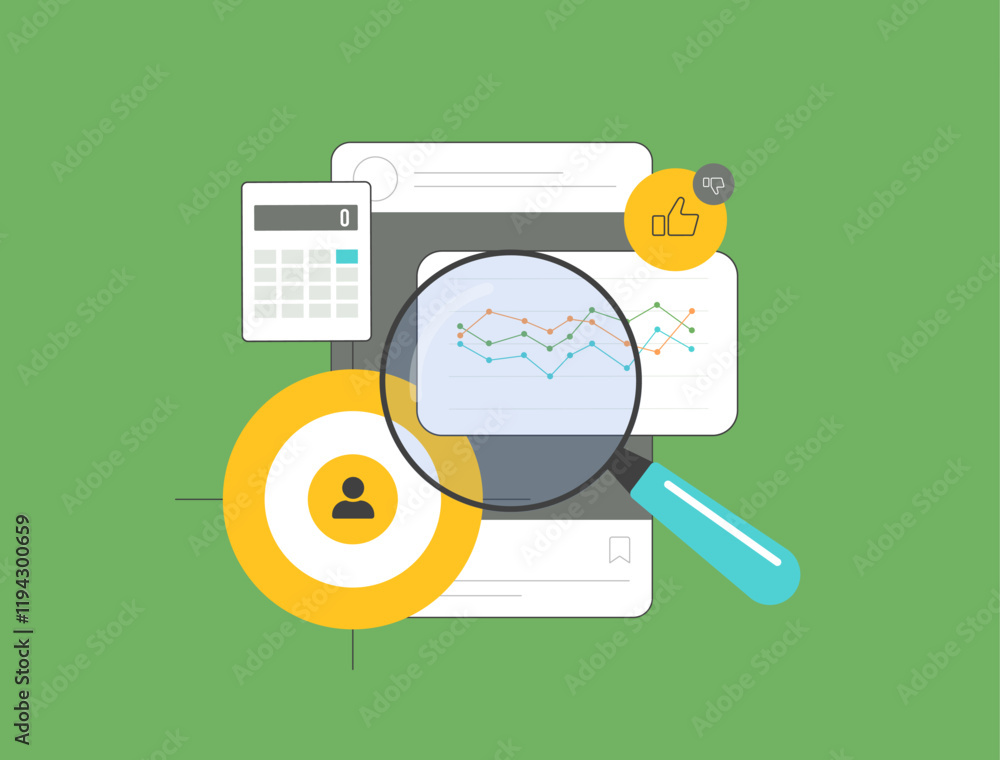 Poster analyzing audience metrics, social media engagement and performance trends with user data, charts an