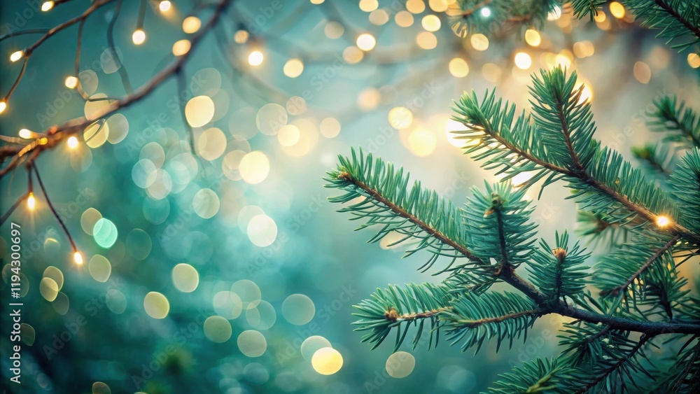 Poster enchanted evergreen branch with festive lights and bokeh