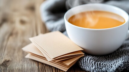 Steaming cup of tea with napkins on table
