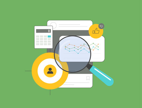 Analyzing audience metrics, social media engagement and performance trends with user data, charts and visual analytics. Tools for tracking likes, audience behavior and content strategy illustration