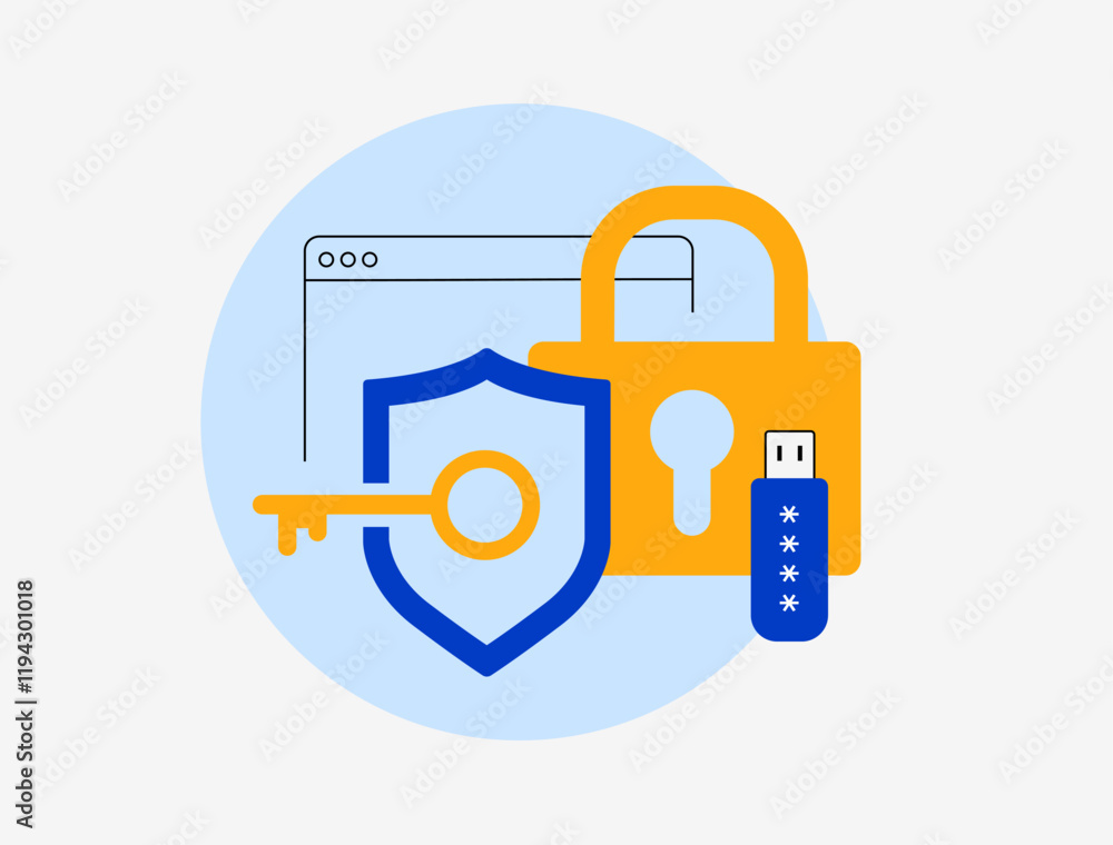 Poster cybersecurity concept with shield and key, padlock, usb drive and browser window. digital data prote