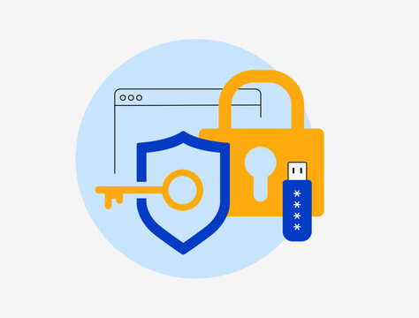 Cybersecurity concept with shield and key, padlock, USB drive and browser window. Digital data protection, online security, encryption and secure file access. Cybersecurity vector illustration
