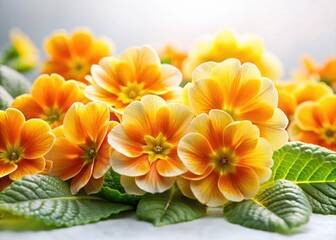 Fototapeta premium Low-light photography captures vibrant yellow and orange primroses, exquisitely detailed against pure white.