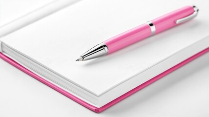 Fototapeta premium Pink pen placed on open journal with white pages provides clean and simple writing scene