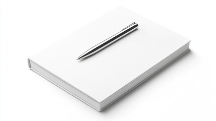 White notebook and silver pen on white background