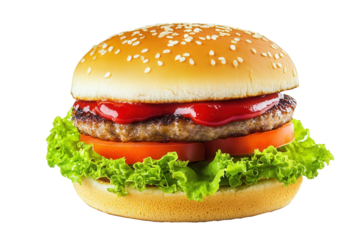 Juicy burger studio shot, white background, food photography, menu use