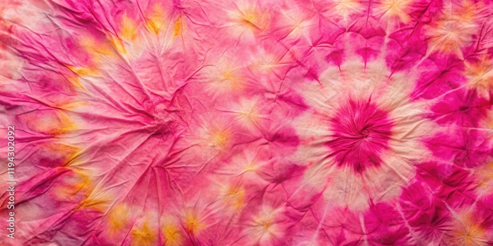 Poster pink and yellow tie-dye fabric texture with wrinkled surface and circular patterns