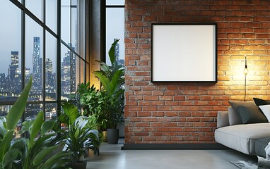 Modern loft apartment city view, plants, brick wall, blank frame