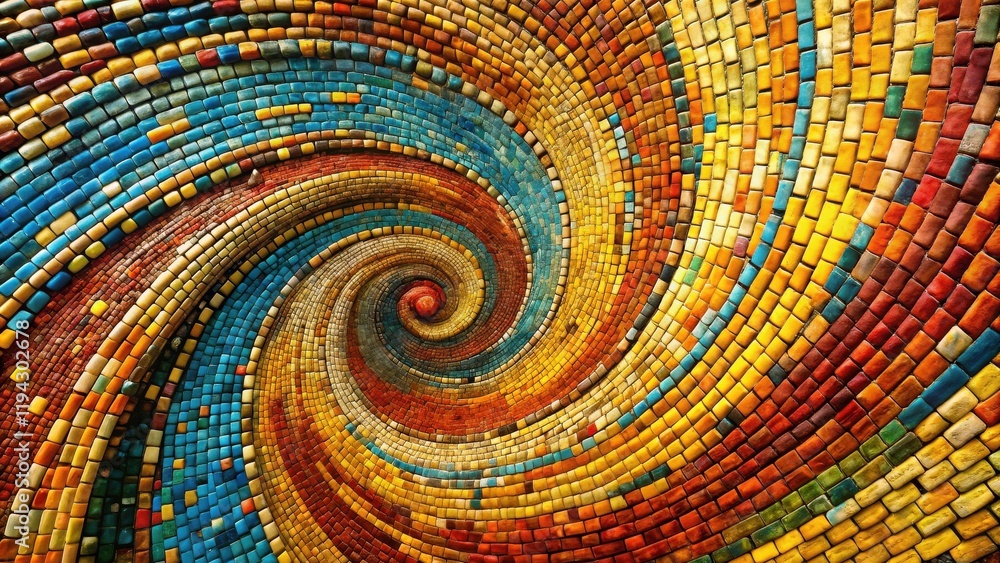 Poster A mesmerizing swirl of colorful mosaic tiles creates an abstract pattern, perfect for backgrounds or design elements