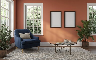 Cozy terracotta room, armchair, coffee table, plants, sunlight. Interior design mockup