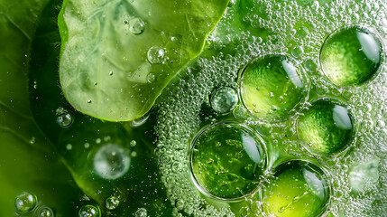 Macro shot of chloroplasts and bubbles in leaf, showcasing vibrant green hues and intricate details. Nature beauty captured in unique perspective