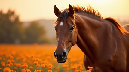 Naklejka premium Majestic brown horse portrait field of orange wildflowers