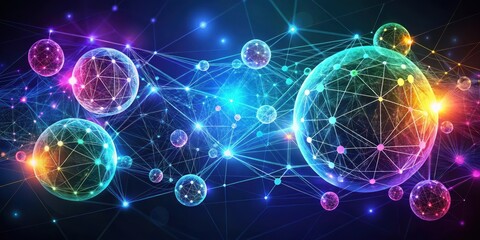 Fototapeta premium Illuminated Spheres Interconnected Within a Complex Network of Lines and Nodes Representing a Dynamic System of Global Communication and Interaction