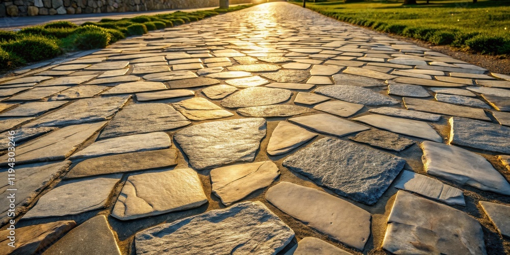 Poster golden hour stone path irregular patterned walkway at sunset