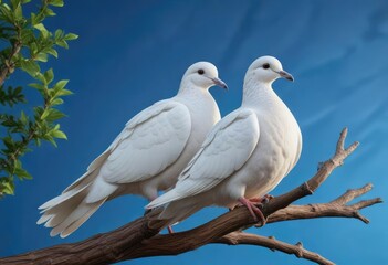 A majestic white dove resting on a sturdy wooden branch against a radiant blue backdrop, tranquil atmosphere , natural scenery