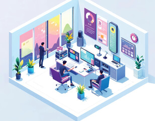Obraz premium isometric of ai driven office with automated technology and devices on it